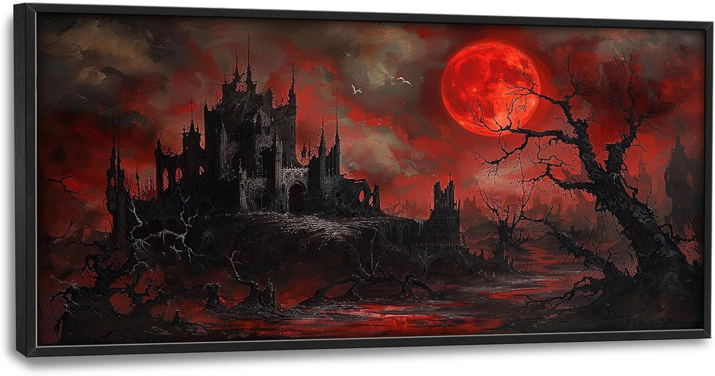 Large Gothic Spooky Haunted House Framed Wall Art for Living Room Dark Academia Castle Pictures Wall Decor Goth Print Painting Artwork Home Decorations for Gothic Room Bedroom Office 60x30 inch