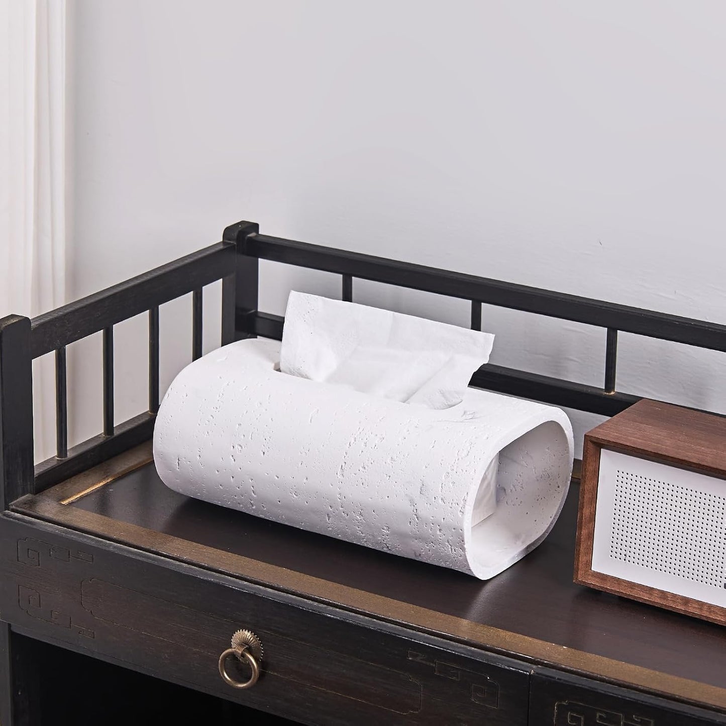 Natural Travertine Textures Tissue Box Holder Rectangle, Resin Facial Tissue Holder Cover, Decorative Bulk Tissue Paper Dispenser for Bathroom Kitchen Bedroom Living Room Office (White)