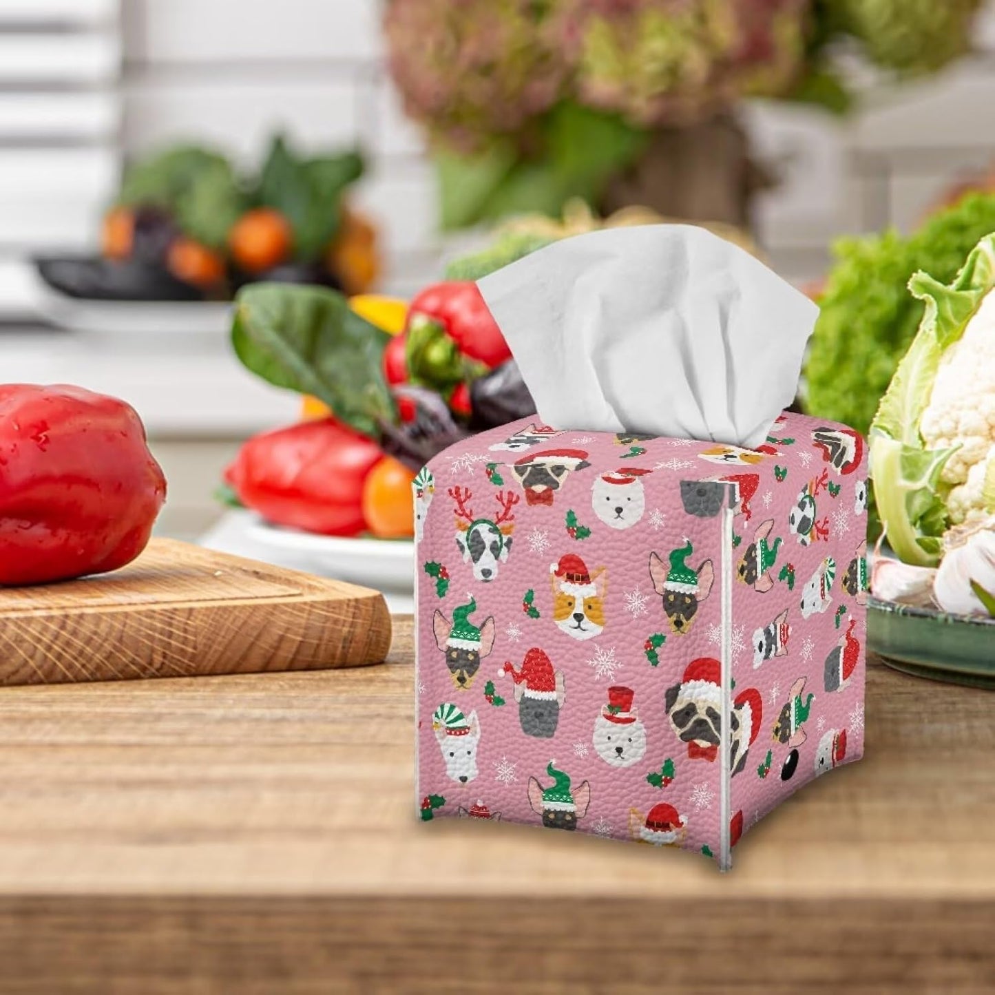 Pink Christmas Tissue Box Cover Funny Animal Print Soft Leather Tissue Cover Square Home Office Holiday Decorative Tissue Box Holder Organizer for Desk Bathroom Vanity Countertop