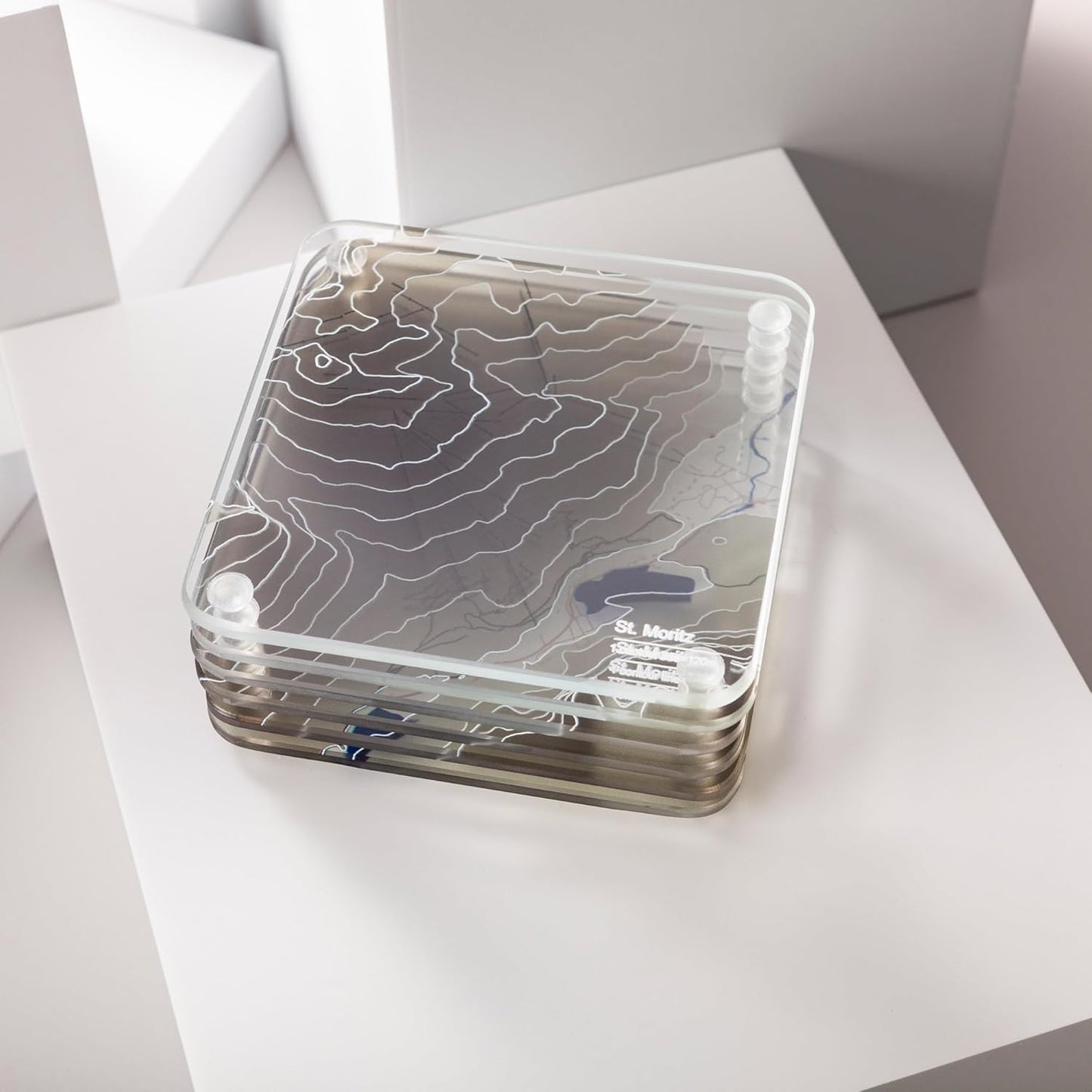 St. Moritz, Swiss 3D Contour Map Glass Drink Coasters of Mountains, Ski Resort, Set of 6 with Holder, Housewarming Birthday Gifts, Home Decor