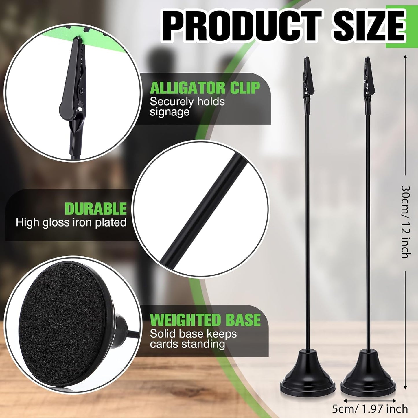 Skyygemm 12 Pcs Table Number Holders 12 Inch Place Card Holder with Alligator Clip Metal Place Card Stands Table Sign for Photos, Food Signs, Birthdays, Weddings (Black)