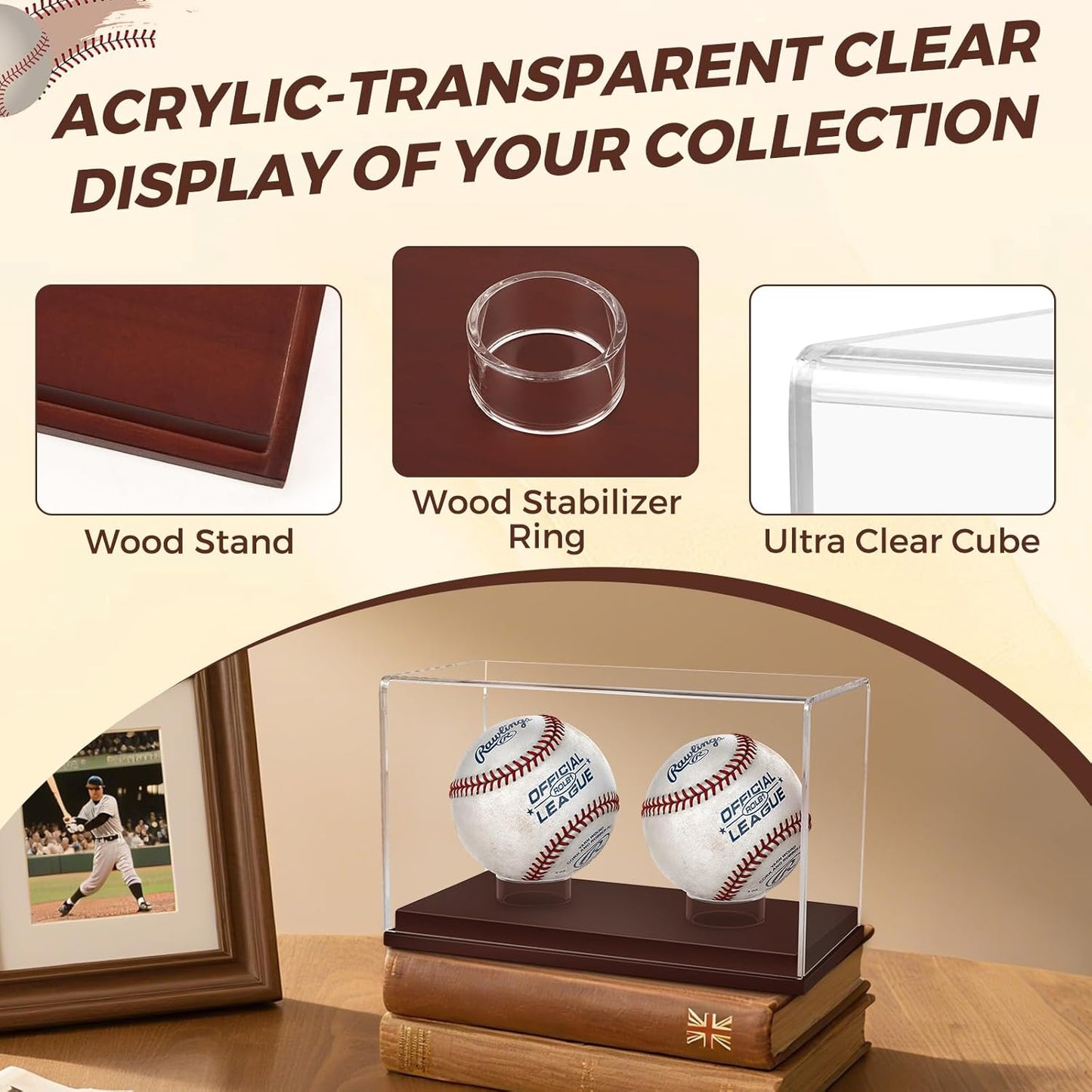 Baseball Display Case, UV Protected Clear Acrylic Cube Golf Ball Display Holder, Autograph Stand and Memorabilia Showcase Box for Two Ball, Brown Wooden Base