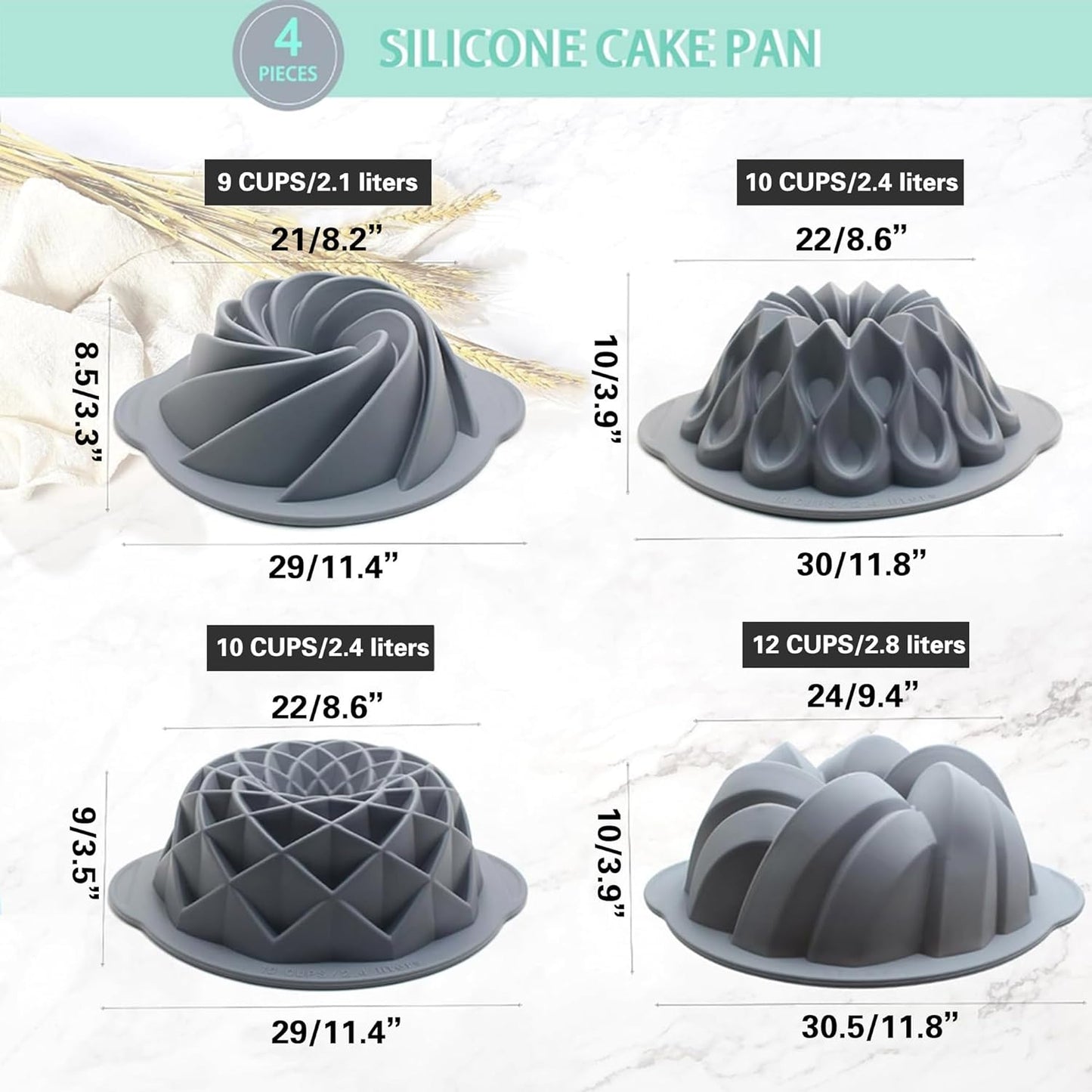 Tongjude 4 Pieces Silicone Fluted Cake Pans, 9/10/12 Cups Tube Baking Pan, Silicone Molds for Homemade Cake, Bread and Jello, Non-Stick, Grey