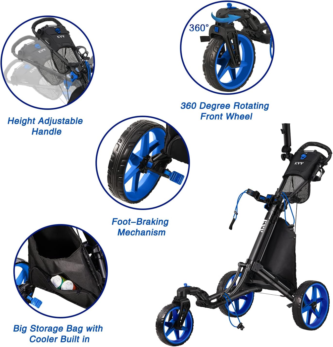 KVV 3 Wheel 360 Rotating Front Wheel Golf Push Cart Open and Close in ONE Second-Free Umbrella Holder Included