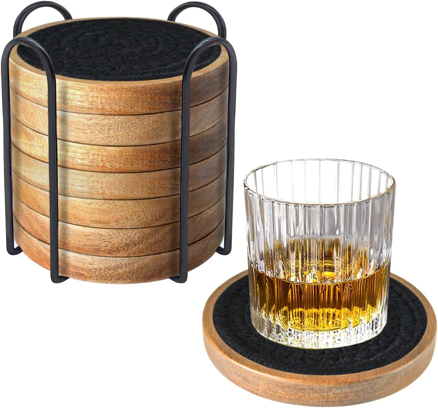 Wood Coasters for Drinks, Absorbent Coaster Sets of 8, Woven Drink Coasters for Coffee Table, Housewarming Gift for Farmhouse Home Decor,4.3 inches Black