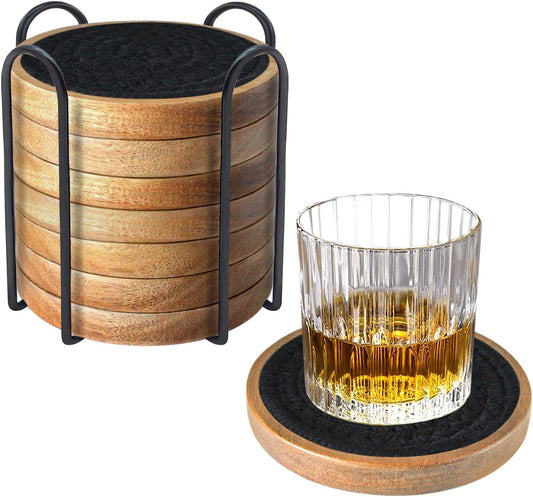 Wood Coasters for Drinks, Absorbent Coaster Sets of 8, Woven Drink Coasters for Coffee Table, Housewarming Gift for Farmhouse Home Decor,4.3 inches Black
