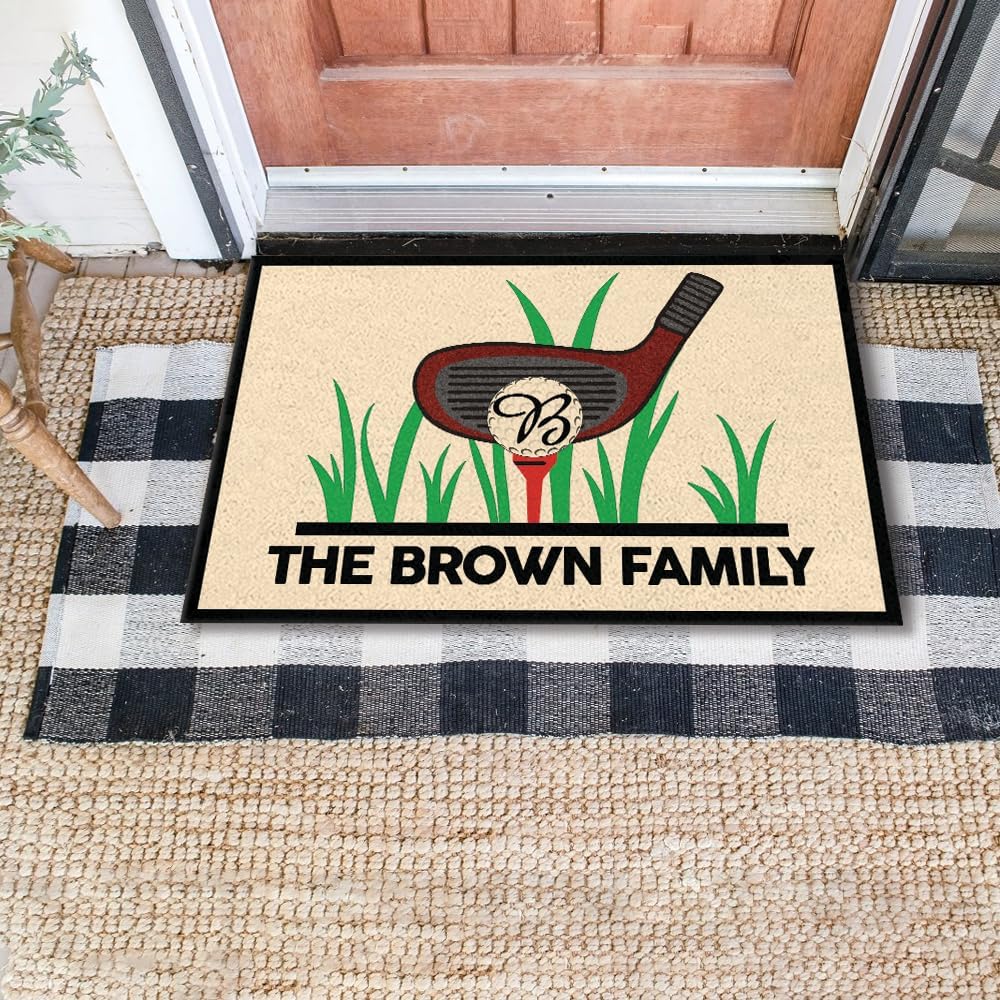 Personalized Golf Non-Slip Doormat with Family Name – Custom Entry Rug Featuring Club, Tee, and Monogram Golf Ball – Durable Outdoor Welcome Mat for Garage, Porch, Golf Cart Area, or Patio Entrance