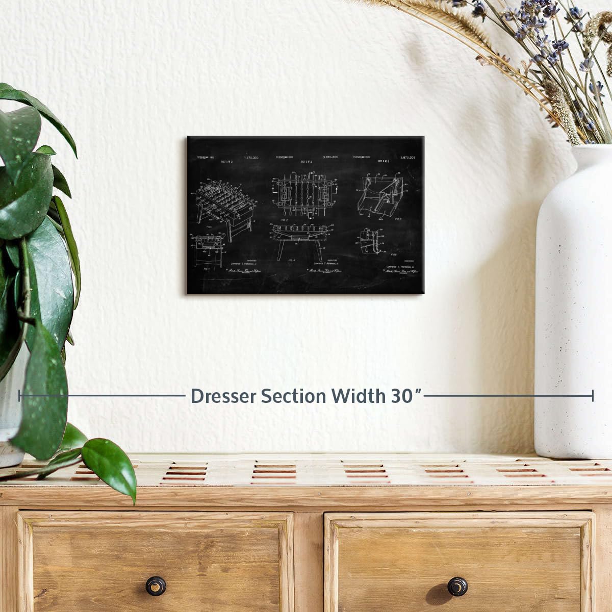 ElephantStock Soccer Table BW Patent Wall Art - Horizontal Wrapped Canvas - 1-Piece Living Room Wall Decor - Soccer Digital Art Canvas Print - Black and White Decor - 12" X 8"