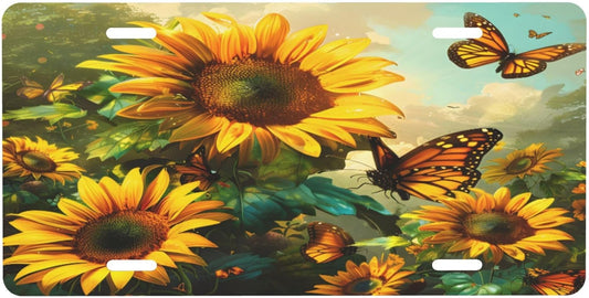 Front License Plate for Car Designs Sunflower Flower Butterfly Stainless License Plate Cover Holder for Men Women Metal Aluminum Decorative Accessory Vanity Tag Standard 6 X 12 inch (4 Holes)