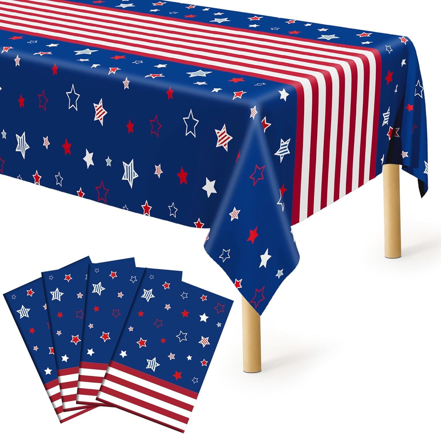 QZYL 4 Pack 4th of July Decorations, 54" x 108" USA Plastic Table Cloth, Tear Resistant Patriotic Tablecloth Fourth of July Tablecloths American Tablecover, Red White Blue Party Supplies