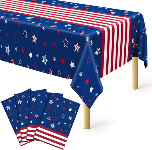 QZYL 4 Pack 4th of July Decorations, 54" x 108" USA Plastic Table Cloth, Tear Resistant Patriotic Tablecloth Fourth of July Tablecloths American Tablecover, Red White Blue Party Supplies