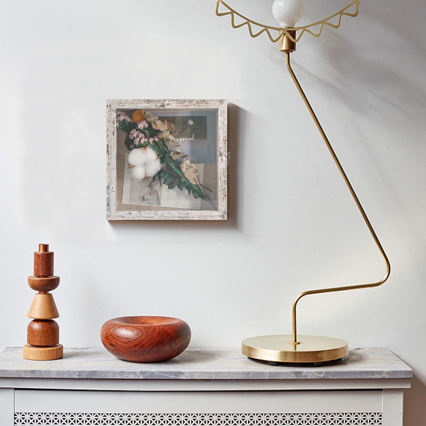 GraduatePro Shadow Box Frame 8x8 Display Case with Linen Back, Real Glass Window Door with Hinge, Picture Frame Wedding Bouquet Memorabilia Medals Photos Memory Box for Keepsakes, Rustic White