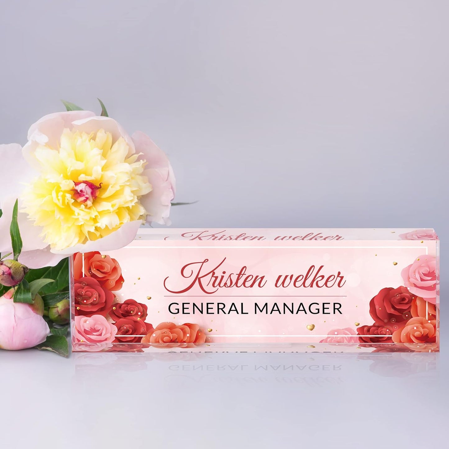 Personalized Acrylic Desk Name Plate Custom Employee Appreciation Gifts Office Gifts for Women, Men, Boss, Coworkers, Teacher, Nurse (Red Rose)