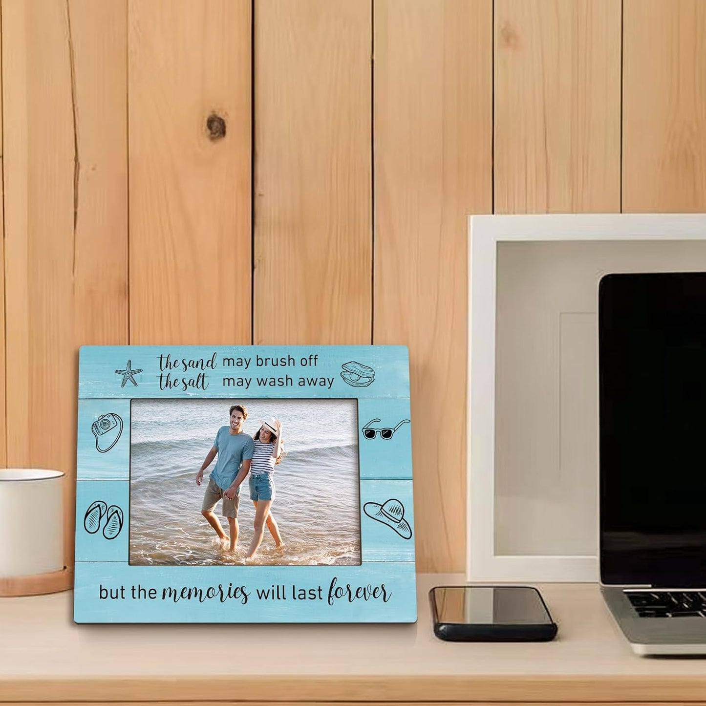 Beach Picture Frame 5x7, Coastal Photo Frame, Beach Vocation Gifts for BeachLovers Women, The Memories will Last Forever Nautical Holiday Wooden Picture Photo Frames for Desk Home Room Decor