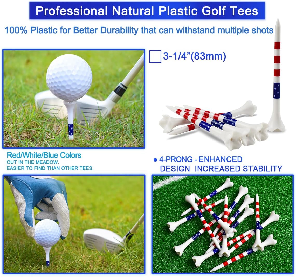 Golf Tees Professional Plastic Golf Tees 3-1/4" - 100 Pack, 4-Prong Golf Tees Plastic, Minimize Friction and Side Spin,Enhanced Durability & Stability, Unbreakable Long Plastic Tees