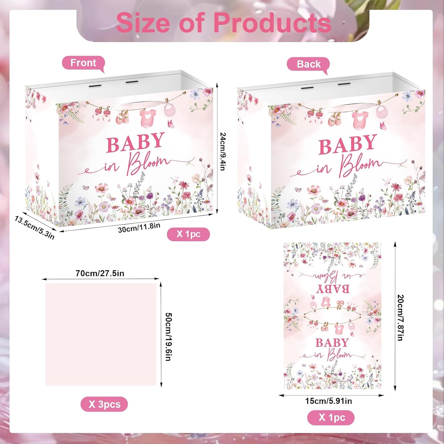 Luvsweets Baby in Bloom Gift Bag - Wildflower Gift Bag with Pink Wrapping Paper Greeting Card for Girl, Gender Reveal Party Decorations, Floral Baby Shower Decor Supplies