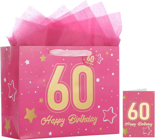 Powbrace 13" Pink Happy Birthday Gift Bag with Tissue Paper and Greeting Card for Party,Happy Birthday Gift Bag for Men Women,Gift Bags Medium size(1 Pink 60th)