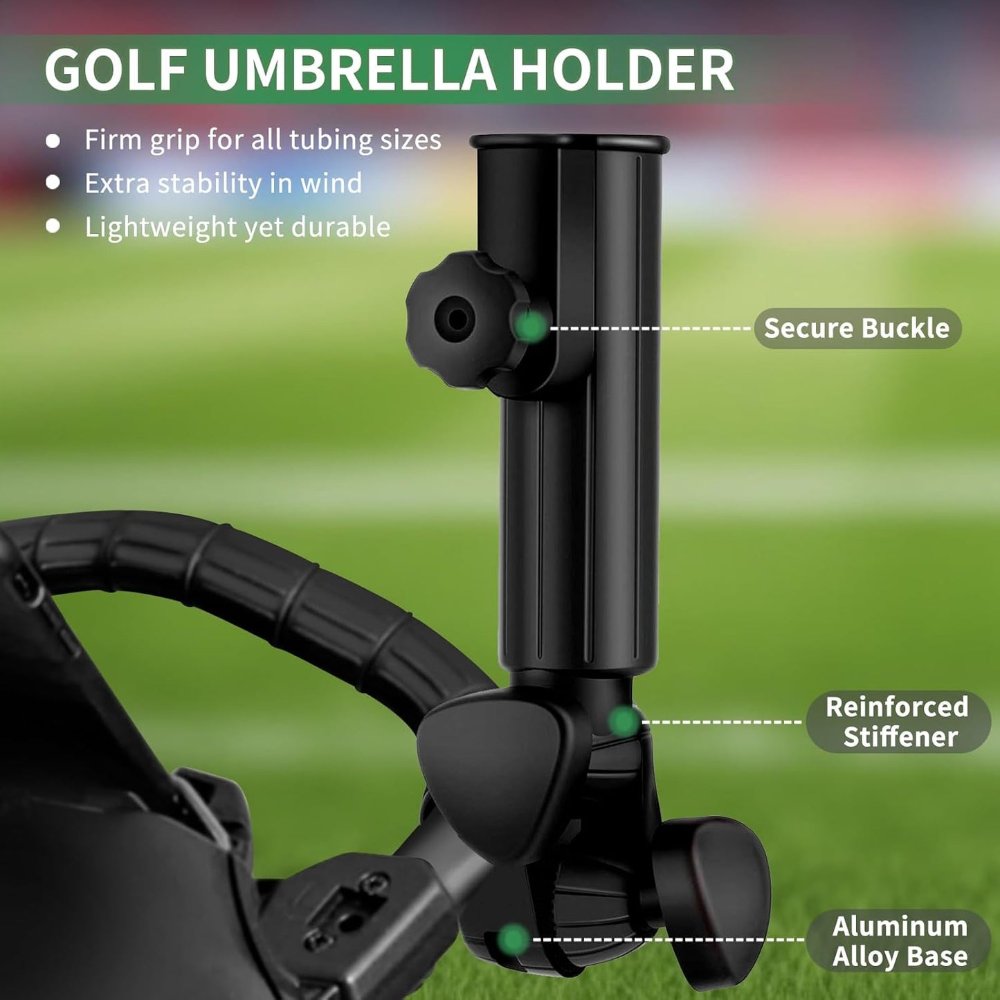 Golf Cart Umbrella Holder Compatible with Bag Boy, Heavy-duty Umbrella Stand, Aluminum Alloy Base Strong Windproof, Universal Mounting for Mobility Scooter, Stroller, Wheelchair, Beach Chair, Black