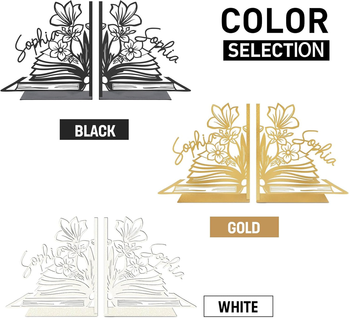 Personalized Flower Book Ends for Shelves 2 Pcs, Custom Name Metal Book Holders, Unique Bookends for Heavy Books, Non-Slip Book Stopper, Home Office Desk Bookshelf Decor, Customized Gifts