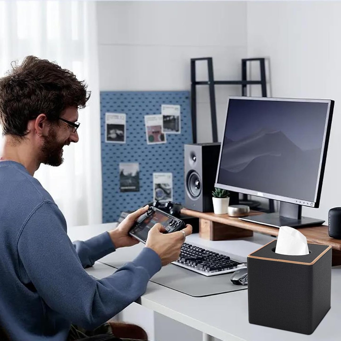 Tissue Box Cover Square Tissue Box Holder PU Leather Facial Organizer with Magnetic Bottom,Decorative Napkin Caddy for Vanity Dresser Night Stand Table Countertop Home Office Car,Black