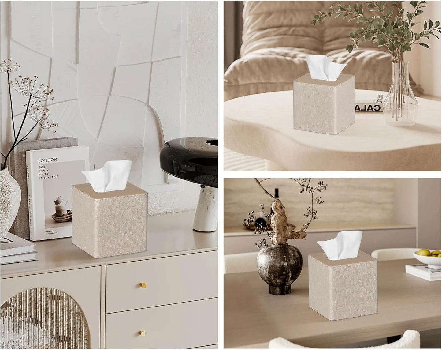 Tissue Box Cover Square PU Leather Facial Tissue Box Holder for Dresser Bathroom Decor (Beige)