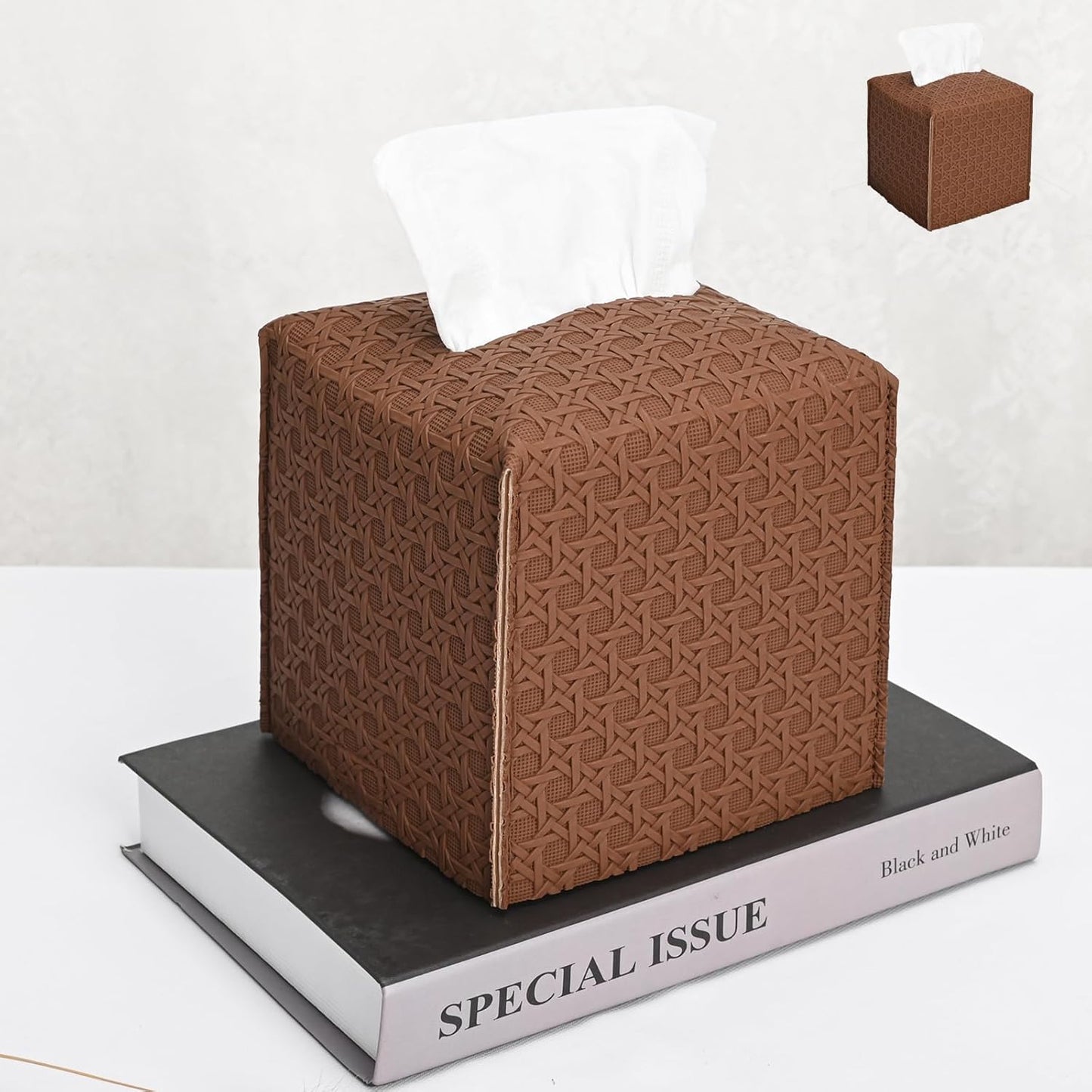 HOMOTEK 2 Pack Tissue Box Cover, Square PU Leather Tissue Holder, Decorative Facial Tissue Cube Paper Organizer Dispenser for Bathroom, Night Stands, Desk, Car 5X5X5'' - Rattan Weave,Chocolate