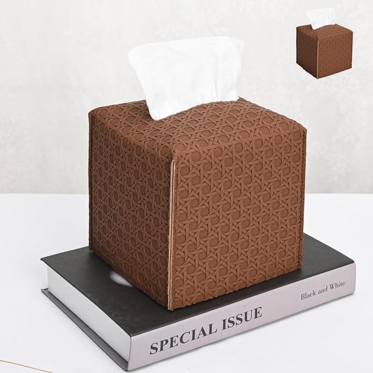 HOMOTEK 2 Pack Tissue Box Cover, Square PU Leather Tissue Holder, Decorative Facial Tissue Cube Paper Organizer Dispenser for Bathroom, Night Stands, Desk, Car 5X5X5'' - Rattan Weave,Chocolate