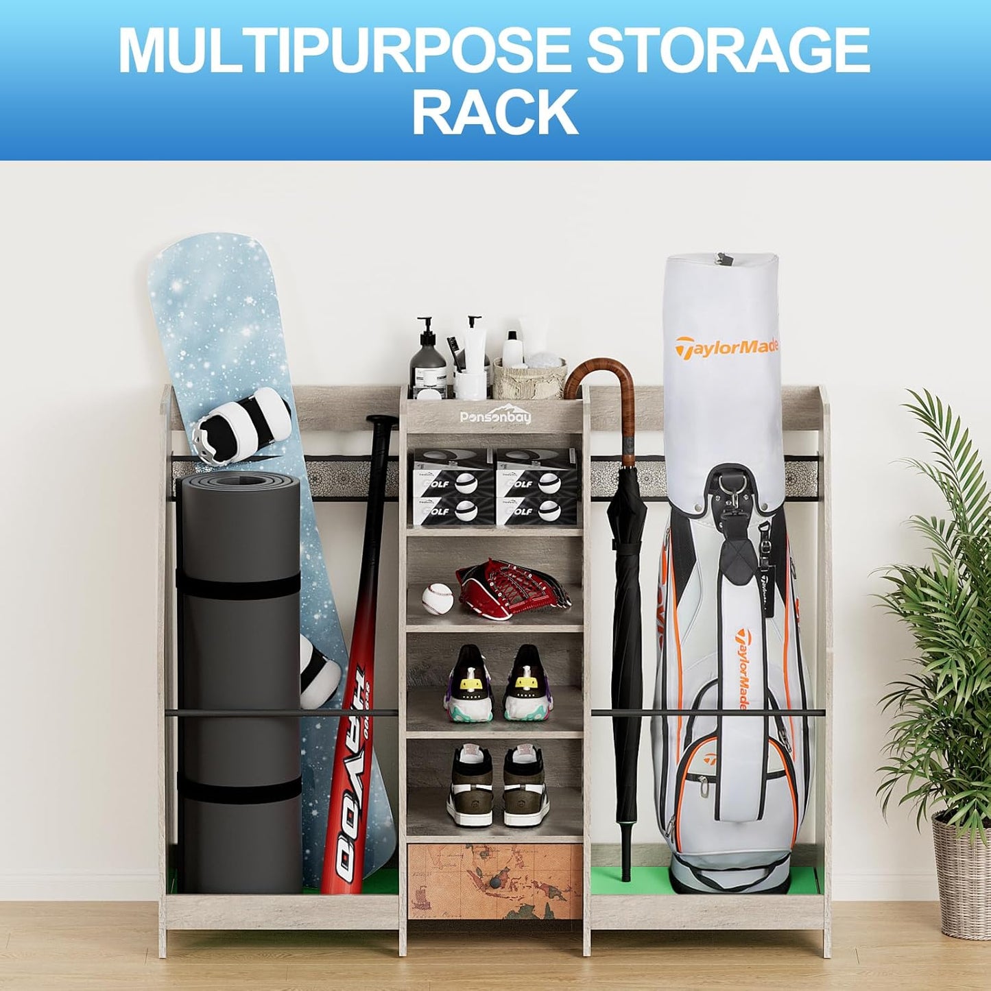 Golf Bag Storage Organizer for Garage, Premium Wooden 2 Golf Bags Rack with Drawer, Easy Assemble Golf Club Stand/Holder Suitable for Garage Home Simulator and Office
