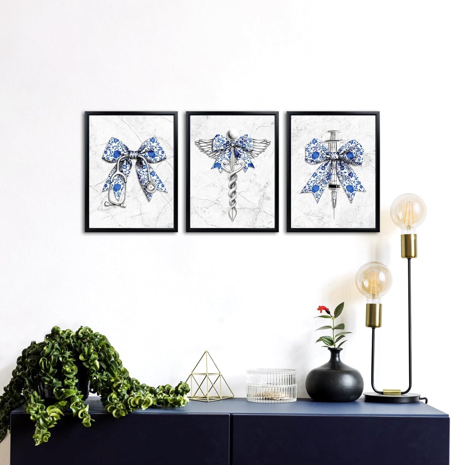 KREATIVE ARTS Blue and White Porcelain Medical Canvas Wall Art Black Frame Stethoscope Syringe Winged Medical Symbol Prints Chinese Style Decor for Nurse Doctor Office Clinic Hospital 12x16 Inches Set of 3