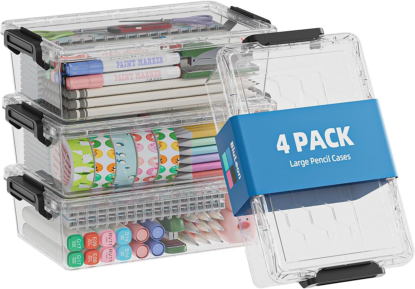 4 Pack Extra Large Pencil Box, Plastic Pencil Case Organizer, Clear Crayon Box Marker Organizer, Stackable Craft Organizers and Storage for Pen, Craft, Art Supply(Black)