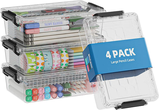 4 Pack Extra Large Pencil Box, Plastic Pencil Case Organizer, Clear Crayon Box Marker Organizer, Stackable Craft Organizers and Storage for Pen, Craft, Art Supply(Black)