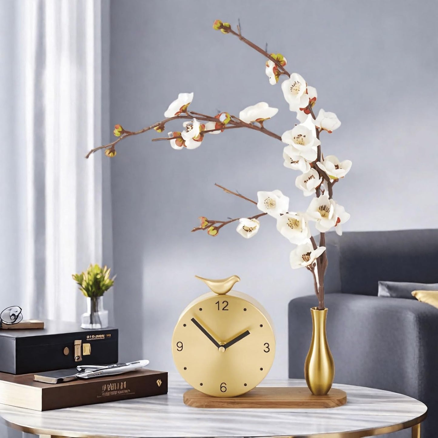 Floral Art Brass Mantel Clock - Elegant Silent Table Clock with Flower Design, Vintage Home Decor for Living Room, Luxury Solid Brass Decorative Clock