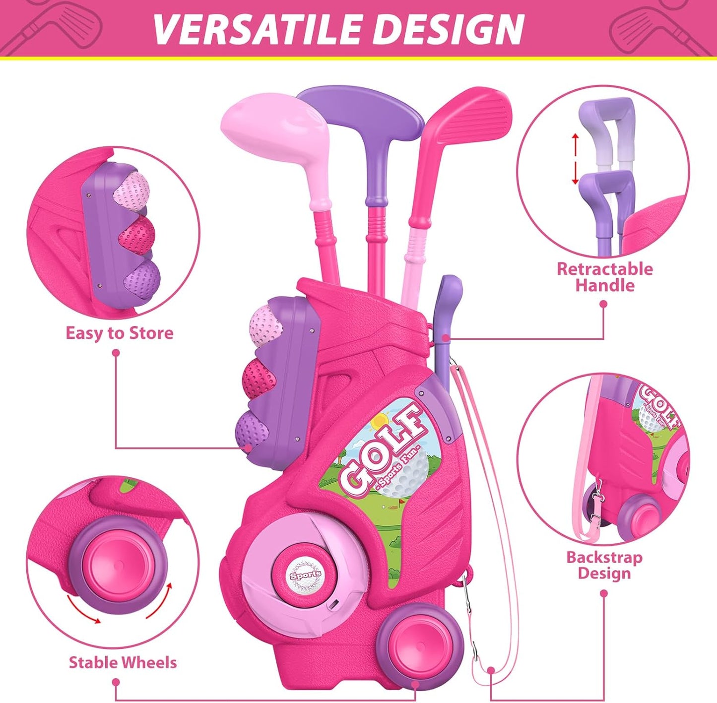 Liberry Toddler Golf Set for 2 3 4 Years Old Girls Boys, Upgraded Kids Golf Clubs Set with Golf Cart, Putting Mat, Outdoor Indoor Sports Toy Birthday, Pink
