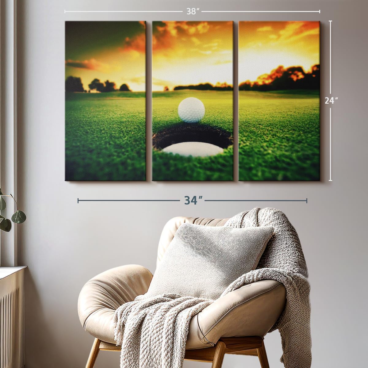 ElephantStock Golf Ball Wall Art - Horizontal Canvas - 3-Piece Living Room Wall Decor - Photography Sports Canvas Print - Orange and Yellow Decor for Wall - 38" X 24"