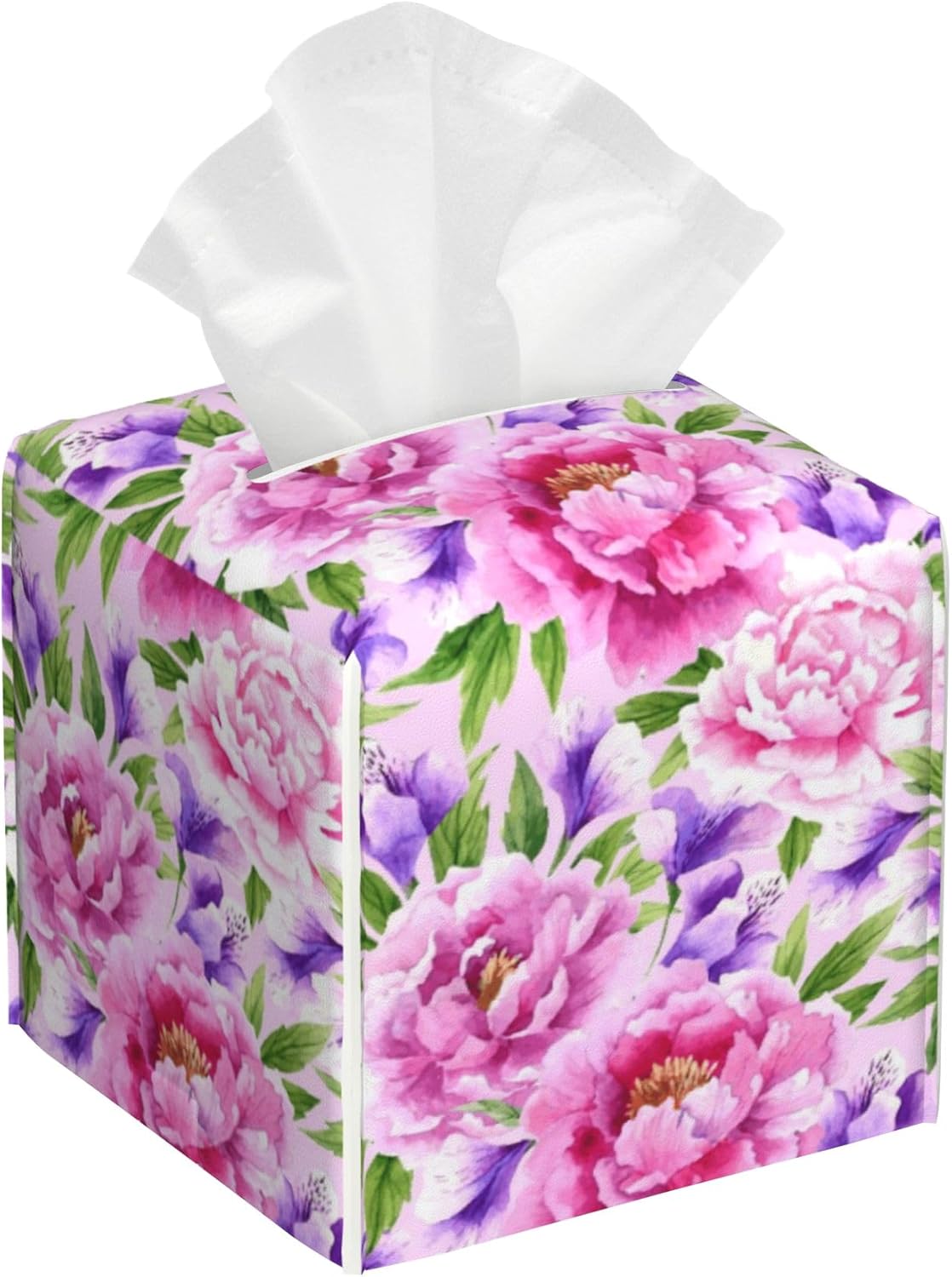 Watercolor Peonies Floral Leather Tissue Holder,Square Tissue Box Cover with Bottom Belt,Modern Decorative Facial Tissue Paper Cover for Car Bedroom Vanity Desk Office Table Top,5.2" x 5.2" x 5.2"