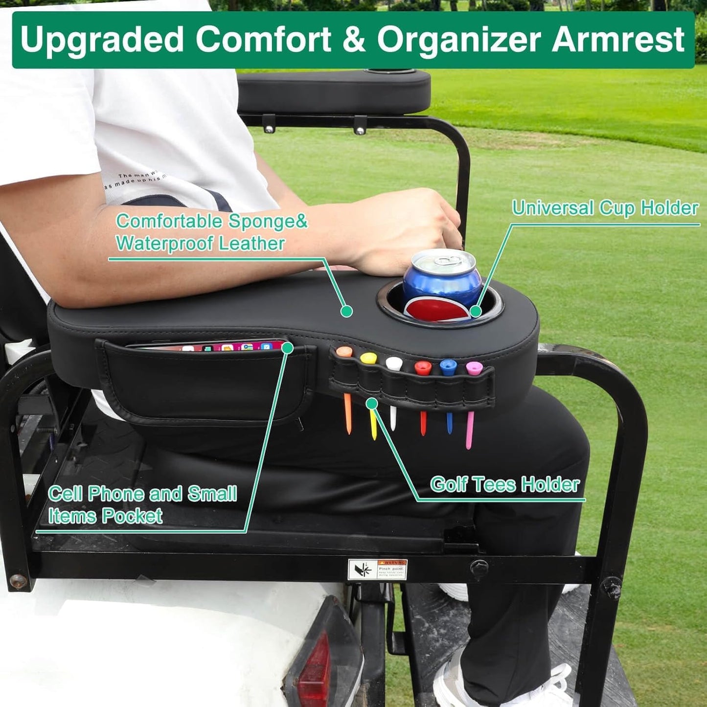 No Drilling Golf Cart Armrest with Cup Holder Phone Bag Golf Tree Holder for Rear Seat, Triangle Support Frame Fits 1" Side Square Tube EZGO Club Car DS Precedent Yamaha Golf Carts Arm Rest