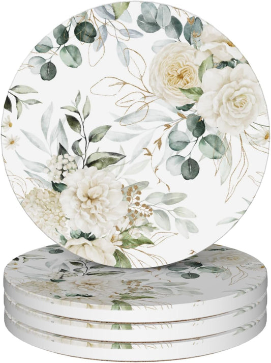 Drinks Coasters Set of 4, Green Leaves Peony Round 4" Cup Coasters, Absorbent Ceramic Stone Coasters with Cork Base, Cute Coasters for Table Home Décor, Ideal Gifts for Women Men