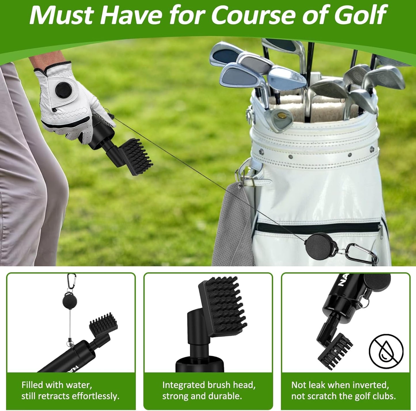 Golf Towel and Brush Set, Premium Golf Towel(16x16 inch) & Club Brush Cleaner with Retainer Clip and Squeeze Water Bottle, Essentials Golf Accessories for Men