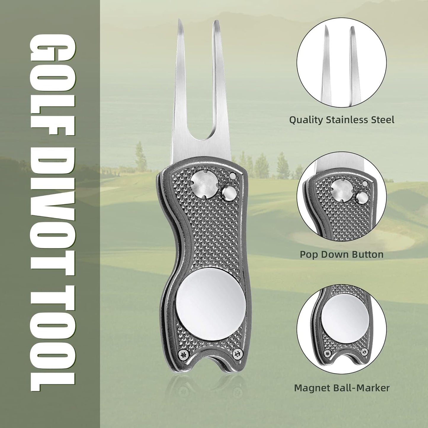Mile High Life Golf Divot Repair Tool, All Metal Foldable Divot Tool with Pop-up Button & Magnetic Ball Marker, 2-6 Pack