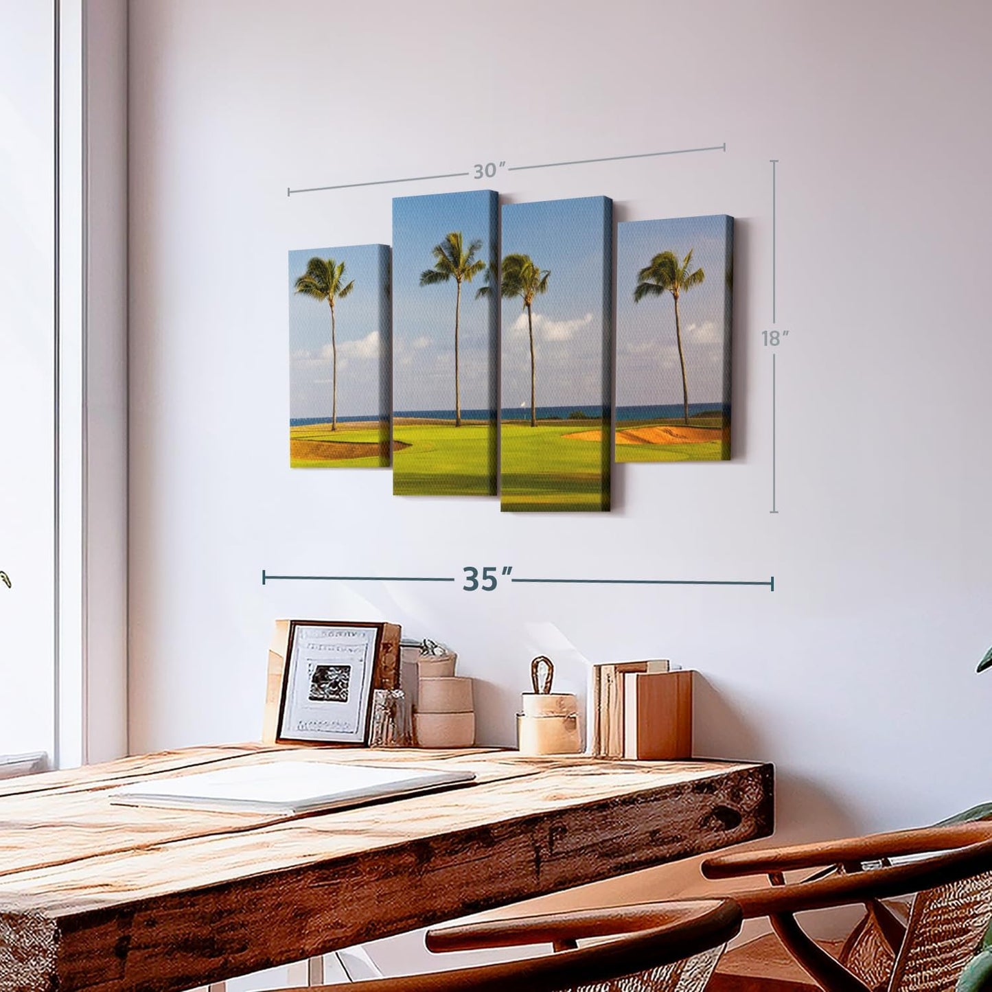 Elephant Stock Hawaiian Golf Course Wall Art - Horizontal Canvas - 4-Piece Living Room Wall Decor - Photography Sports Canvas Print - Green and Yellow Decor for Wall - 30" X 18"