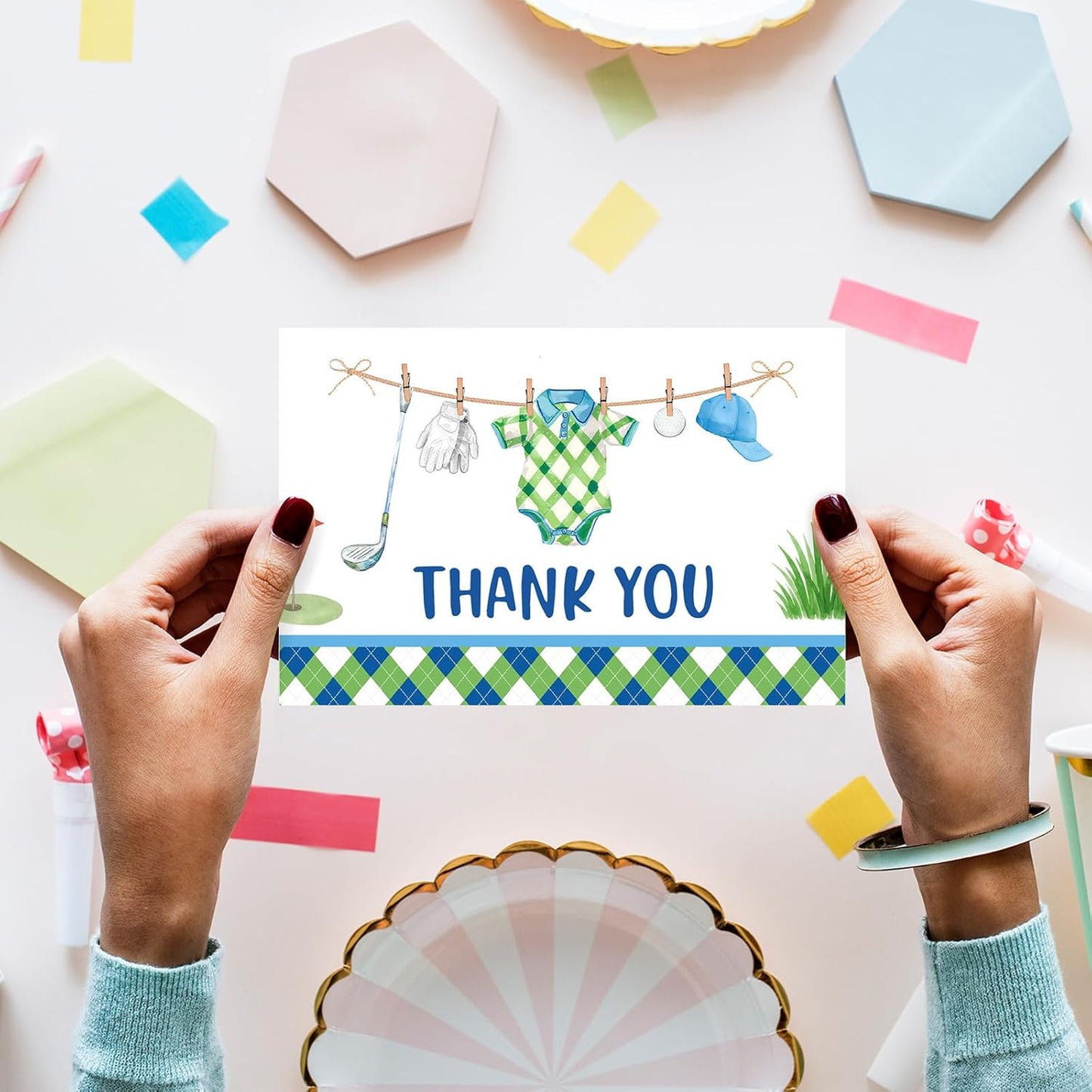 Whaline 50 Pack Golf Baby Shower Thank You Cards Greeting Card with Envelopes Stickers Blue Green Golf Ball Club Glove Hat Cloth Blank Note Card for Birthday Sport Party, 4 x 6 Inch