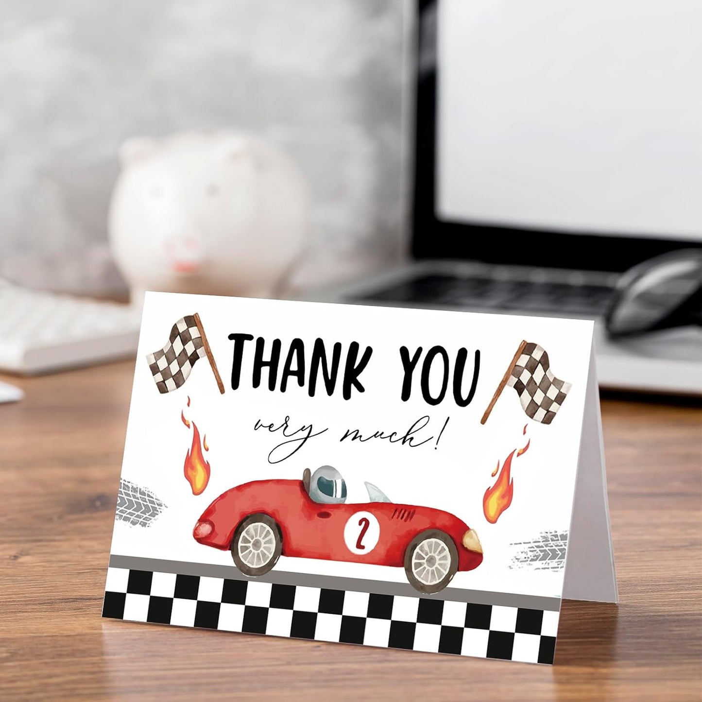 Whaline 24 Pack Race Car Thank You Cards Red Racing Theme Note Card with Envelopes Stickers Black White Plaid Greeting Blank Card for Birthday Baby Shower