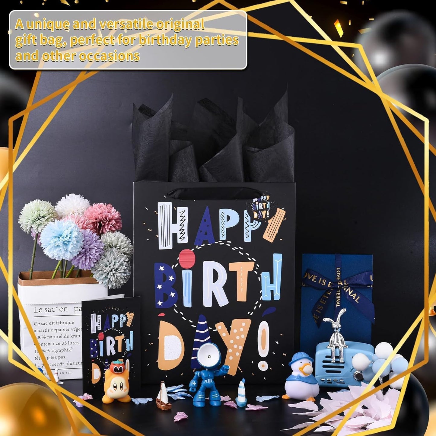 13" Black Happy Birthday Bag with Tissue Paper and Greeting Card for Party,Happy Birthday Gift Bag for Kids, Boys, Girls, Baby Boy,Men Women,Gift Bags Medium size (2 PCS Black, Kids Gift Bag)