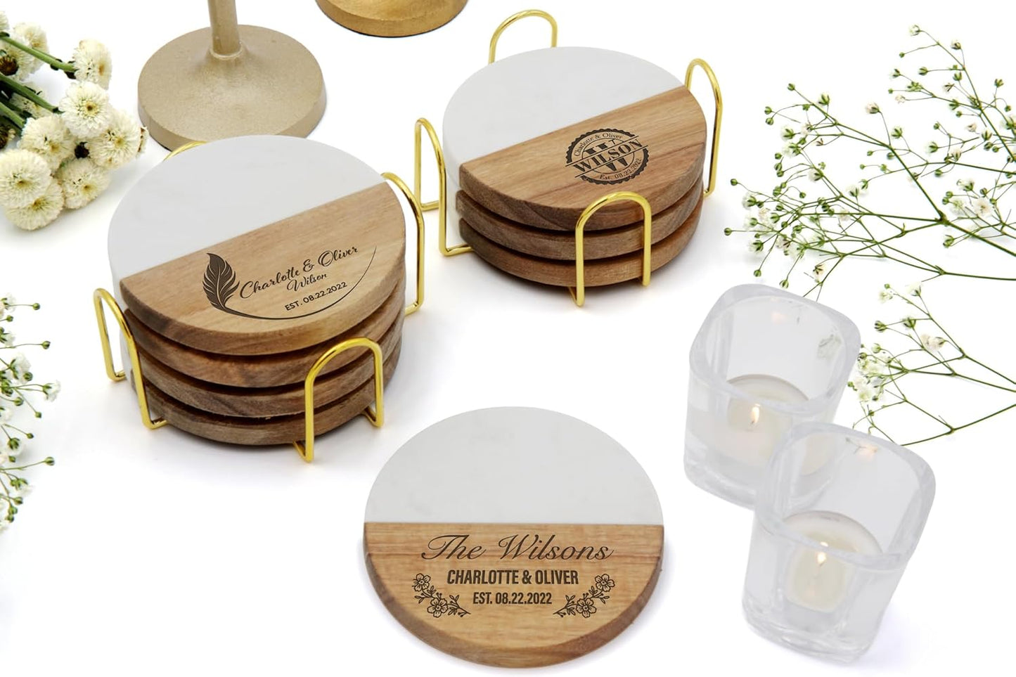 Personalized Coasters for Couples, Wedding, Housewarming Gifts for Home Decorataions, Custom Coaster for Newlyweds, Anniversary, Christmas, Engagements, Valentines Day, Two-Tone Marble and Wood