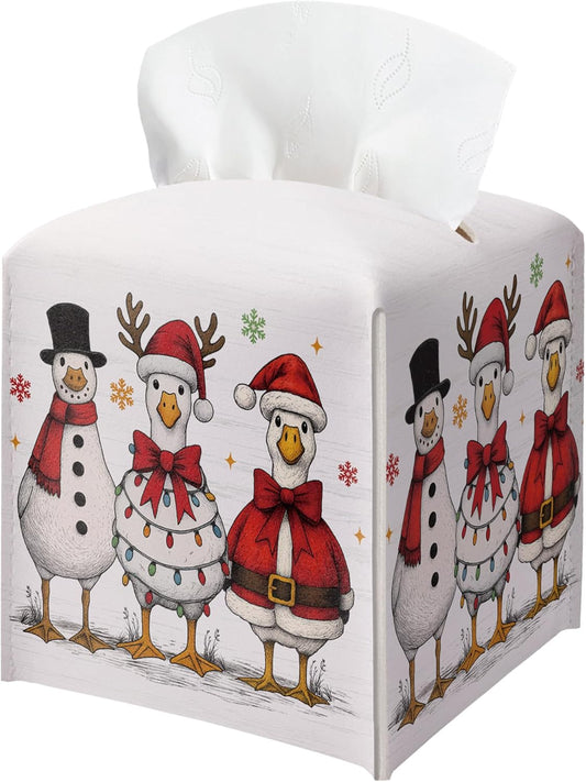 Vintage Christmas Goose Tissue Box Holder, Retro Christmas Leather Tissue Box Cover Square, Paper Facial Decorative Tissues Cover for Bathroom Kitchen Office Home Decor-B27