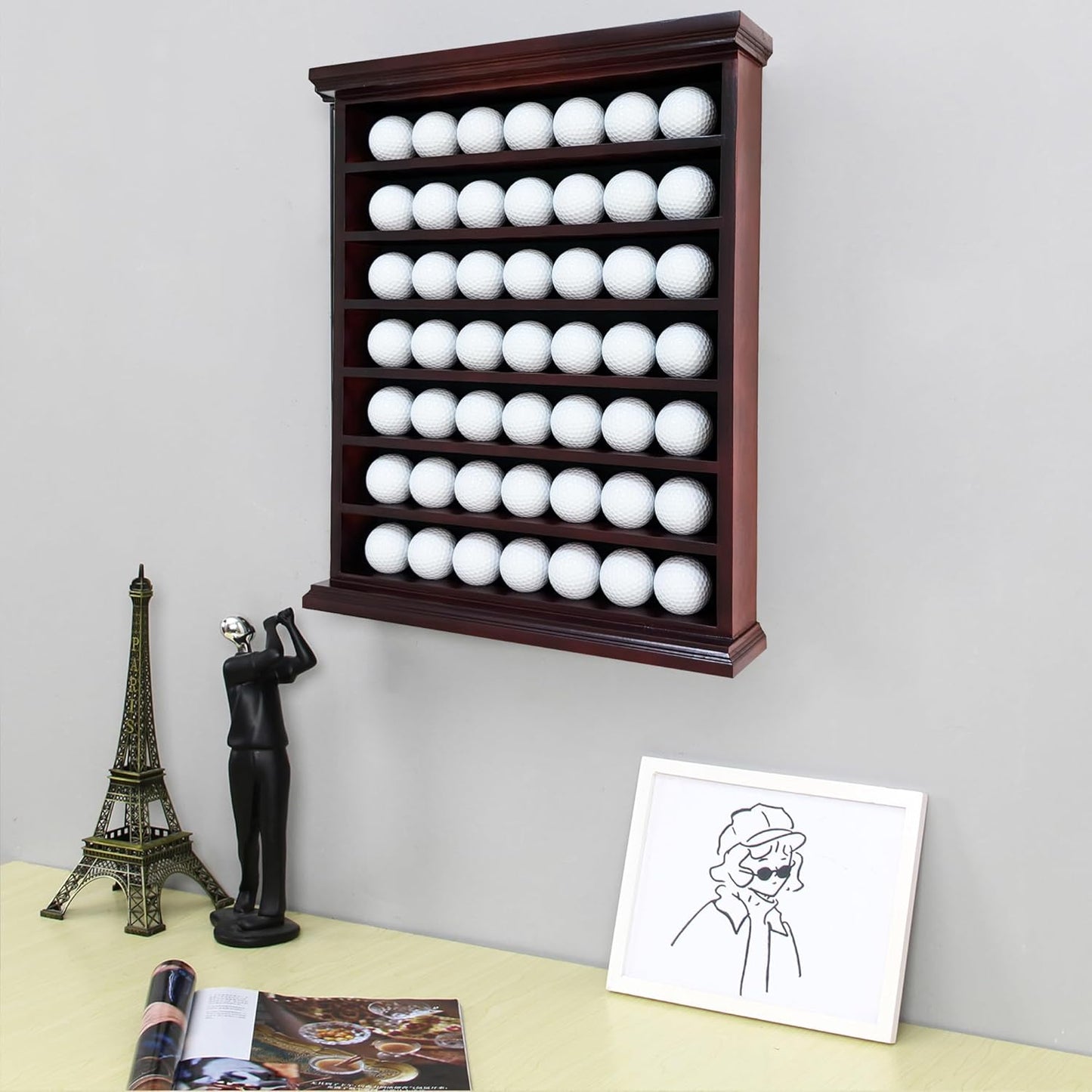 Golf Ball Display Case - Wall Mount, Black Finish, Green Felt Background, No Door, Perfect for Golf Balls, 14.6" W x 17.4" H x 3" D