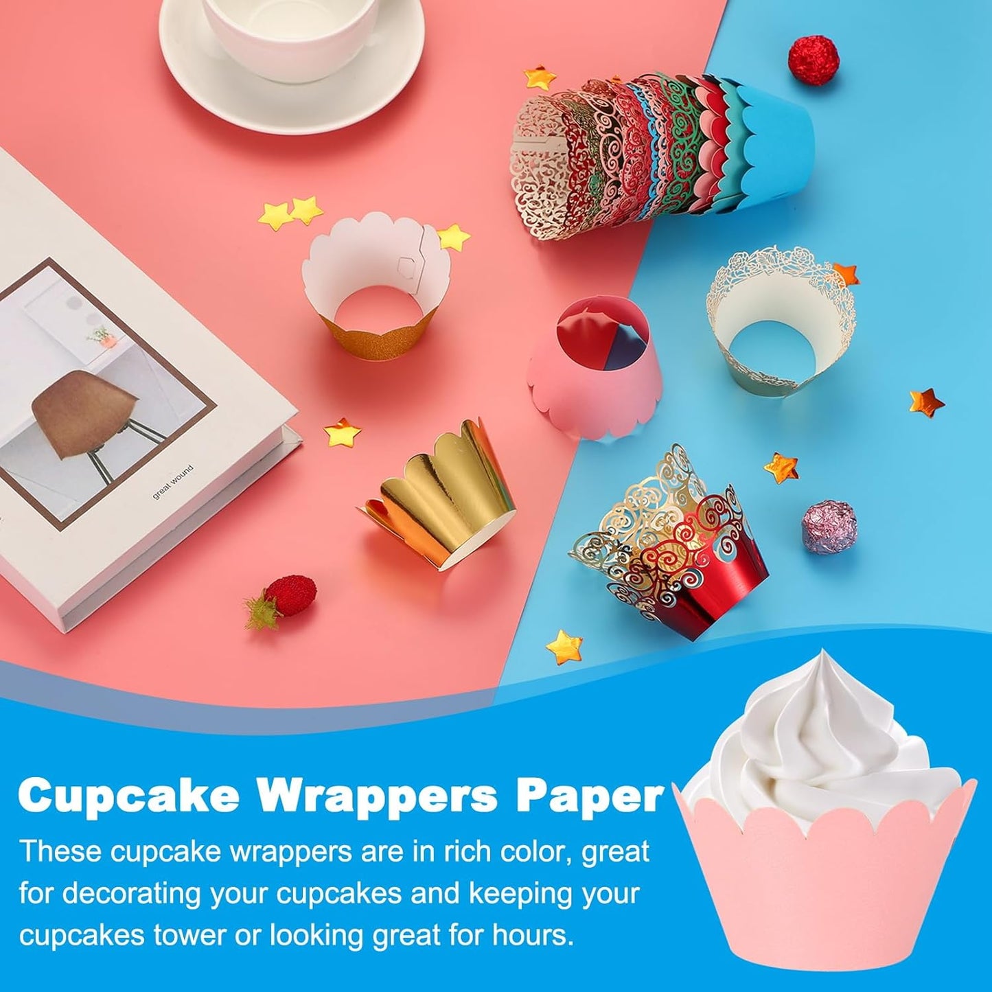 PATIKIL Cupcake Wrappers Paper, 50 Pack Baking Cups Standard Wave Decoration for Anniversary Birthday Weddings Parties, Pink