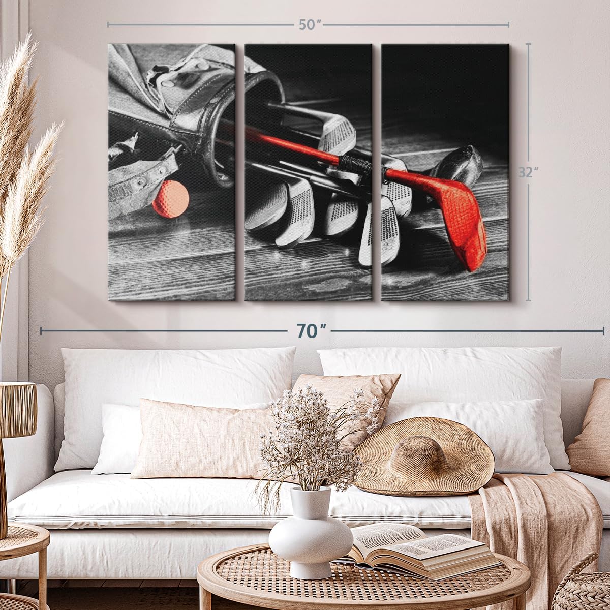 ElephantStock Golf Equipment Pop Wall Art - Horizontal Canvas - 3-Piece Living Room Wall Decor - Photography Sports Canvas Print - Black and Gray Decor for Wall - 50" X 32"