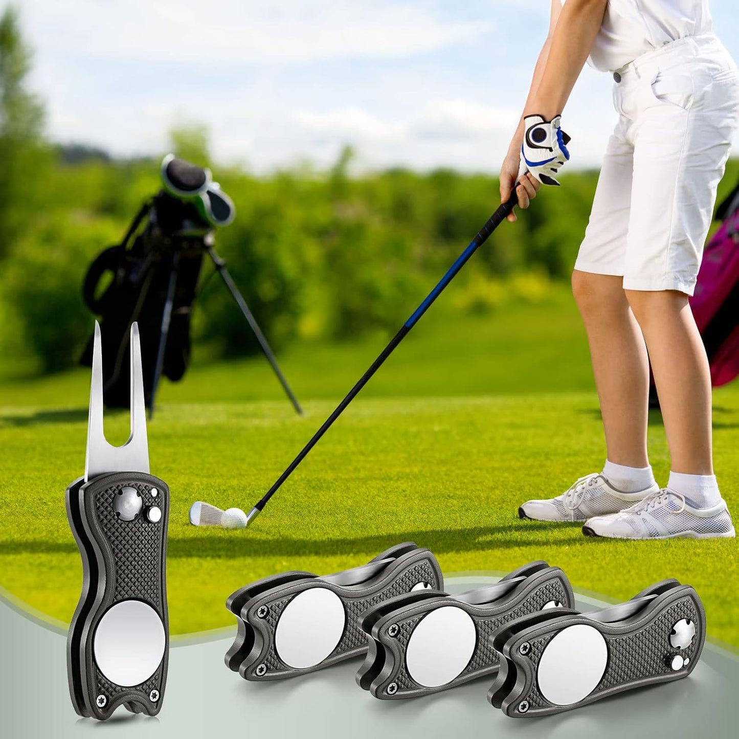 Skylety 4 Pcs Golf Divot Repair Tool Metal Foldable Golf Divot Tool with Magnetic Pop-up Button Ball Marker Stainless Steel Switchblade for Golfers Prizes