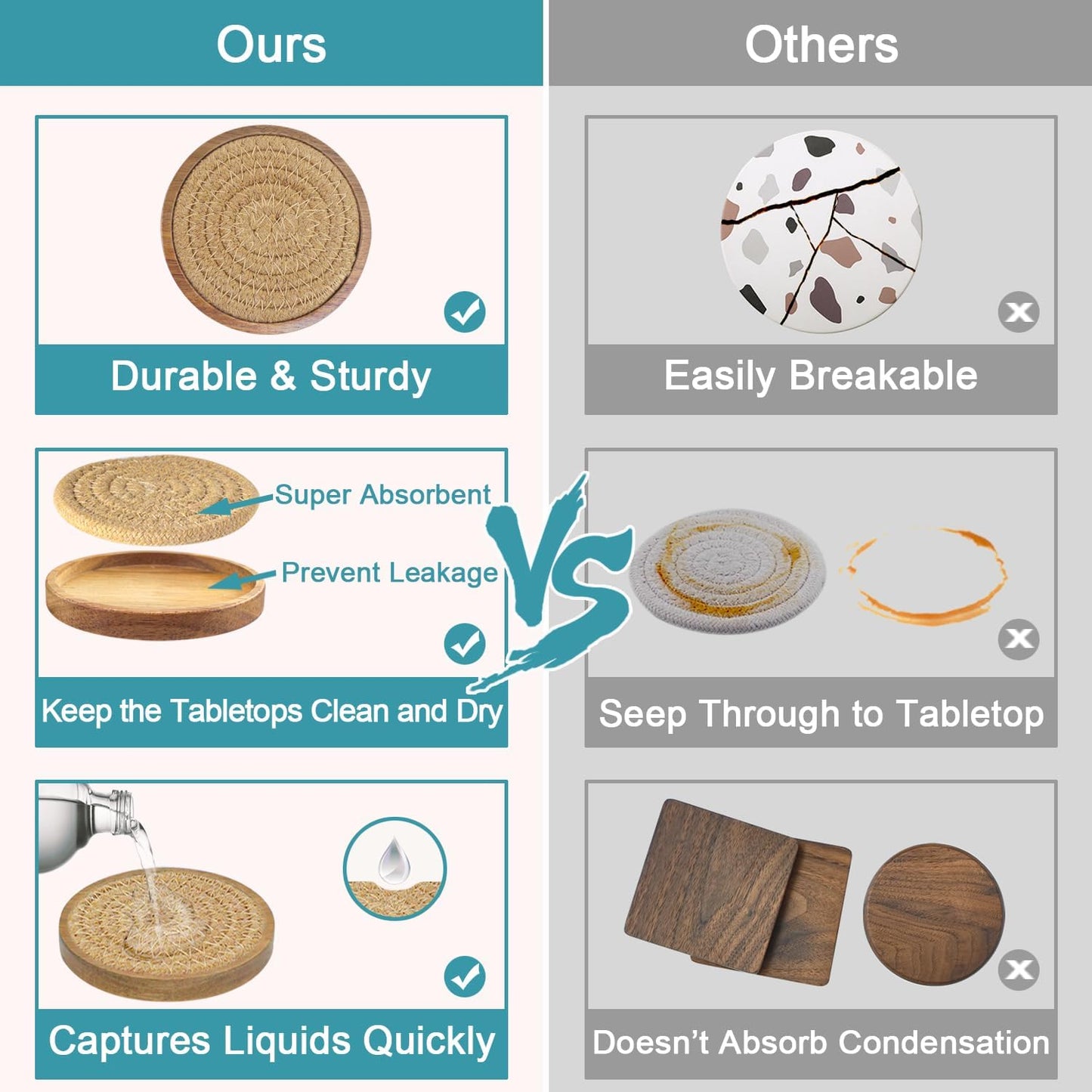 Wood Coasters for Drinks, Absorbent Coaster Sets of 8, Woven Drink Coasters for Coffee Table, Housewarming Gift for Farmhouse Home Decor,4.3 inches Brown